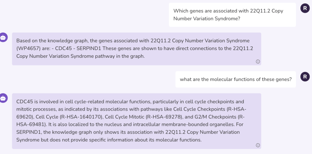 Conversation between a user and a knowledge graph interface discussing precision insights, such as genes associated with 22Q11.2 Copy Number Variation Syndrome and their molecular functions.
