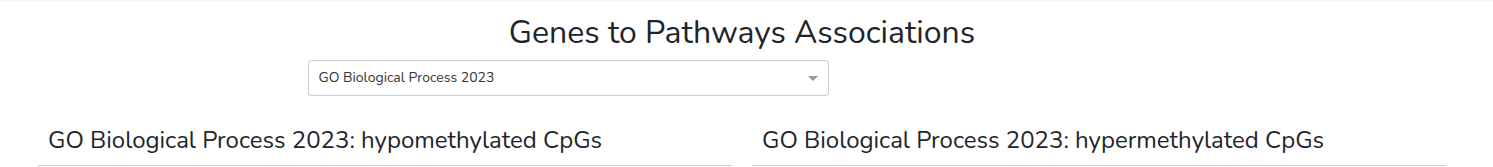 Dashboard displaying options for selecting genes to pathways associations related to hypomethylated and hypermethylated CpG sites in the GO Biological Process 2023 database.