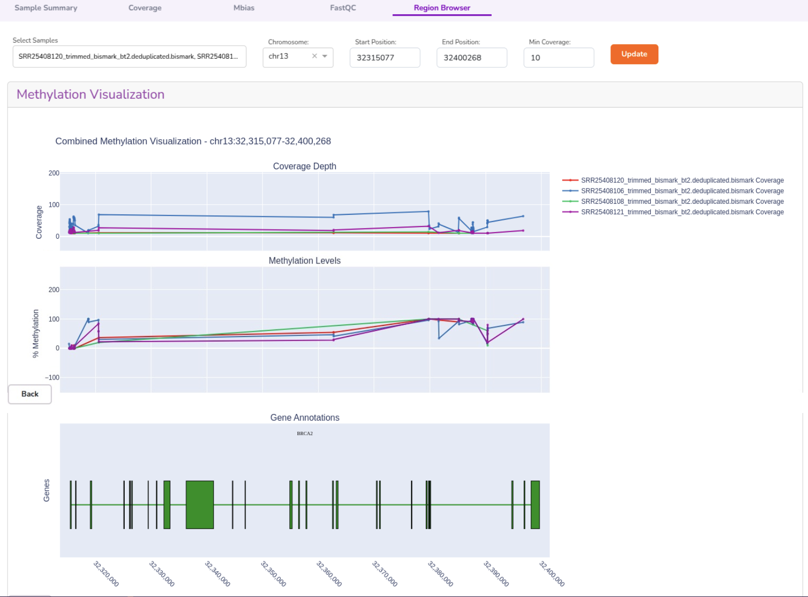 Graphical representation of methylation visualization on chromosome 13, showing coverage depth, methylation levels, and gene annotations for samples.